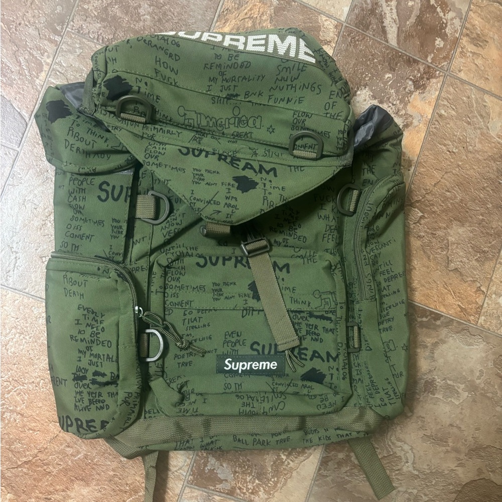 Supreme Olive Text Print Backpack - image 1